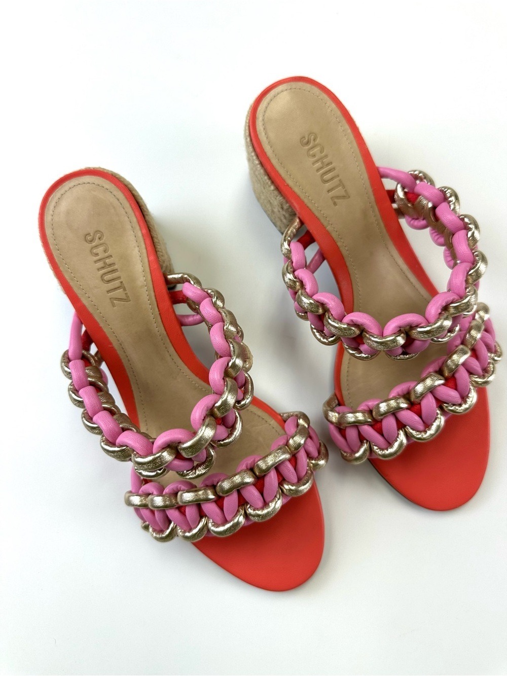 Schutz Juliet Mid Coral Braided Strap Slip On Open Toe Mid Block Heel Sandals 9B